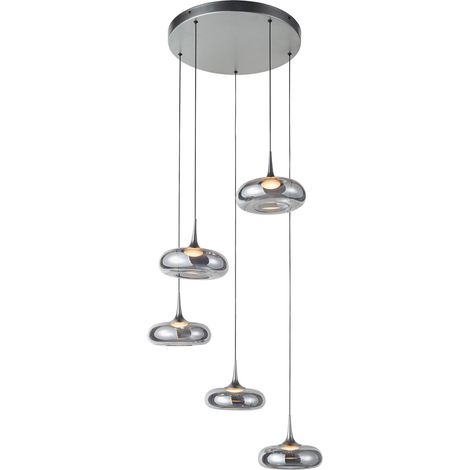 Italux Tenele   Suspension Cluster argentée avec abat-jour en verre fumé, lumière chaude 3000K, intensité variable sur 3 niveaux, 5 LED