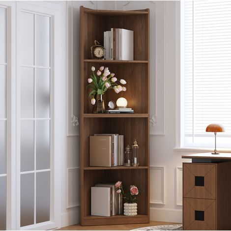 Eckregal aus MDF in Walnussbraun 55 x 32 x 180 cm, hohes platzsparendes Regal mit offenen Böden und Kippschutz (1/5)