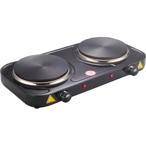 Fornello Elettrico Da 2500W Con 2 Piastre in Ghisa da 18.5 cm e 15.5 cm Termostato a 5 Livelli Struttura in Acciaio Verniciato Compatto e Portatile per Casa Camper e Campeggio 48 × 23.5 × 7 Cm Nero