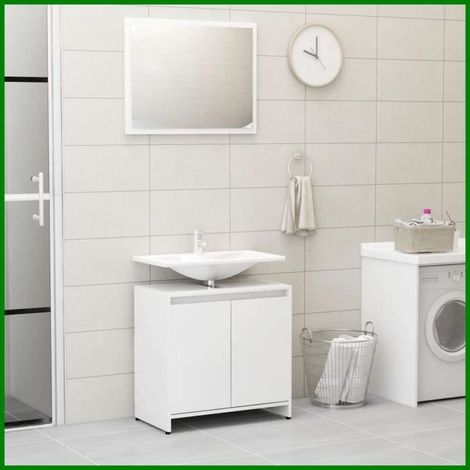 Meuble de salle de bain - VGEBY - Ensemble 2 meubles - Blanc brillant - Miroir 60x45 cm - Armoire 60x33x61 cm (1/4)