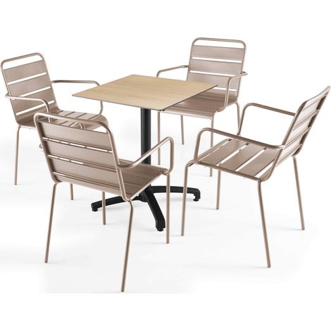 Ensemble table terrasse stratifié chene naturel et 4 fauteuils taupe (1/5)