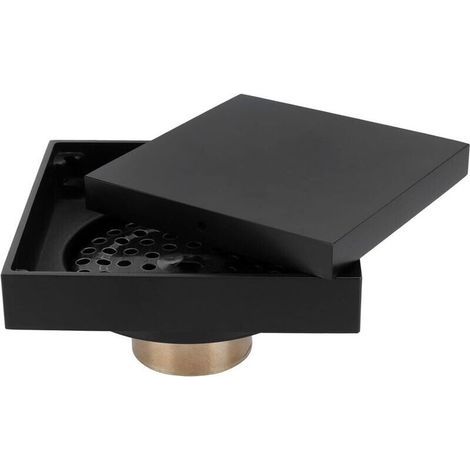 bonde douche carré en laiton, crépine de vidange noir 10x10cm (1/5)