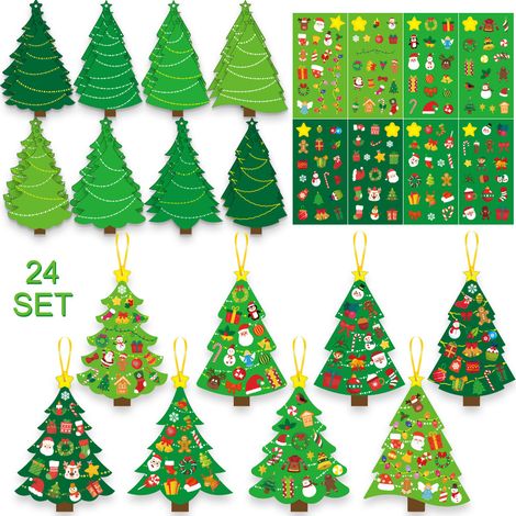 Albero di Natale a cartoni animati - Adesivi fai da te a tema albero di Natale - Decorazioni per l'albero di Natale - Decorazioni natalizie - 24 biglietti + 24 adesivi + 24 nastri dorati (1/4)