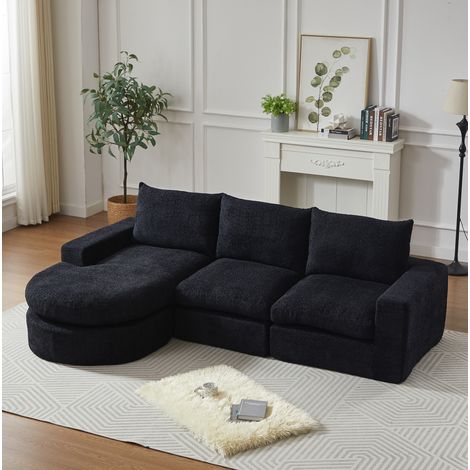 Sofá modular de chenilla negro con chaise longue reversible, sin montaje (1/5)