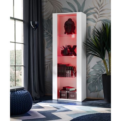 Komodee Vitrine Armoire Tivoli, Blanc/Blanc, Largeur 55cm x Hauteur 159cm x Profondeur 35cm, LED RGB, 3 étagères, pour Salon, Chambre, Entrée