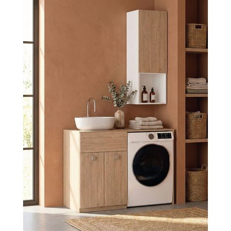 Mobile coprilavatrice Sindy Dx - Contenitore salvaspazio per bagno e lavanderia - Lavatrice non inclusa - Lavandino e Pensile compresi - Virginia - 122x93x60 cm (1/3)