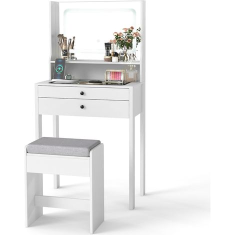 Tocador con espejo y luces 64 x 40 x 132 cm 3 modos de iluminación almacenamiento optimizado diseño contemporáneo en MDF blanco 200017059