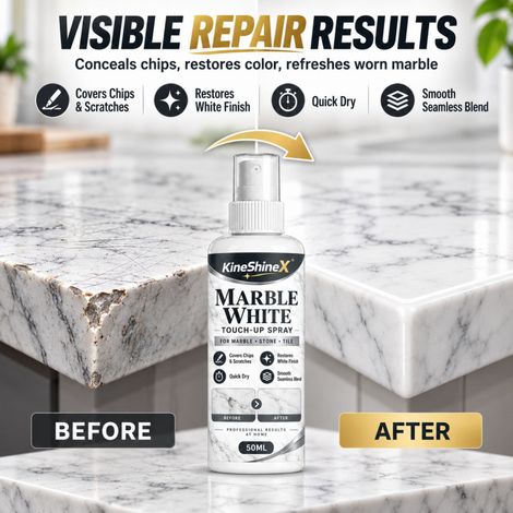 KineShineX Marmorfliesen-Reparaturspray Weiß: Kaschiert Unebenheiten, bessert die Farbe aus, trocknet schnell, lässt sich gleichmäßig verteilen und revitalisiert die Oberfläche. (1/5)