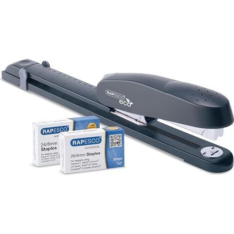 RAPESCO 1480 790 ECO AGRAFEUSE LONG BRAS À GRANDE CAPACITÉ/RECHARGEMENT FRONTAL BOÎTE DE 1000 AGRAFES 26/6-24/8 MM NOIR