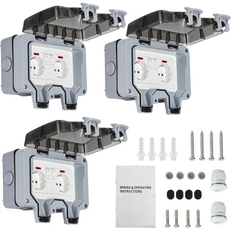 Wolketon 3X Außensteckdose Gartensteckdose Outdoor Steckdose IP66 16A Wasserdicht Staubdicht Wandsteckdose 2 Loch mit Schalter