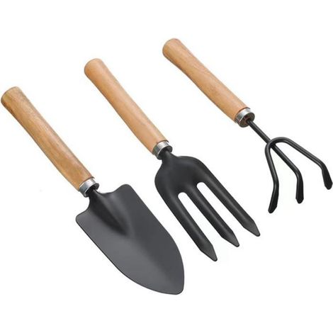 Lot de 6 Outils Jardinage, Bois Acier Inoxydable, Râteau Pelle Bêche, Intérieur Extérieur, Pot Plante