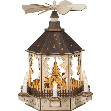 Saico LED-Weihnachtspyramide Schneemann mit Motor & Musik batteriebetrieben Holz 36 cm warmweiß natur Weihnachtspyramide