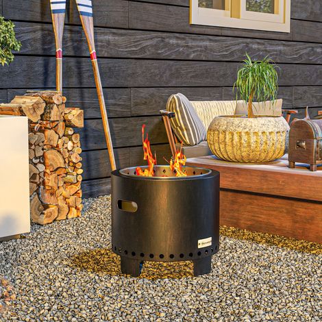 Brasero de jardin portable en métal noir Ø45 cm avec système double combustion sans fumée, poignées et pique (1/5)