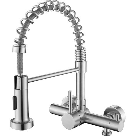 Robinet de Cuisine Mural avec Bec Flexible, Mitigeur Evier avec 2 Types de Jet, Robinetterie eau Chaude et Froide Rotatif à 360°, Acier Inoxydable SUS304, Mousseur Démontable, Brossé (1/5)