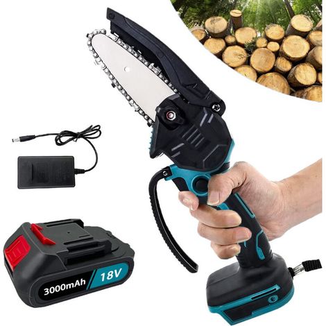 Mini tronçonneuse électrique sans fil de 4 pouces, scie à bois, scie à une main, coupe-bois nu + batterie 3000 mAh + chargeur, compatible avec la batterie Makita BL (1/5)