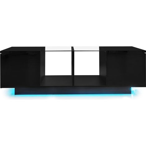 Table basse noire moderne avec éclairage LED, plateau en verre et haute brillance, 120 x 50 x 38,5 cm (1/5)