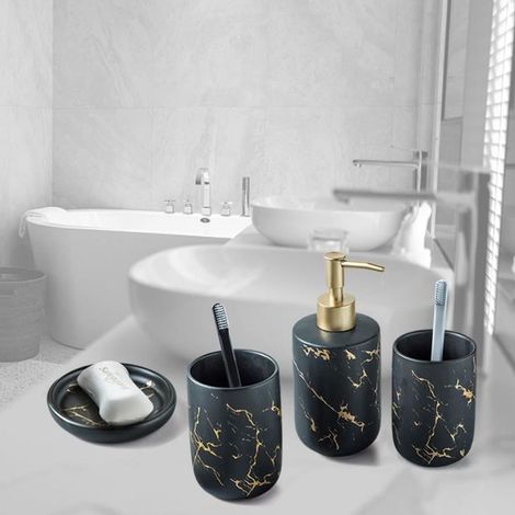 Ensemble d\'accessoires de salle de bain - RNCYN - 4 pcs - Céramique - Motif marbre - 300mL (1/4)