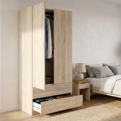 Dmora Garderobe Burbank, Schlafzimmerschrank mit 2 Türen und 2 Schubladen, Schlafzimmermöbel mit Kleiderstange, cm 81x52h180, Eiche (1/5)