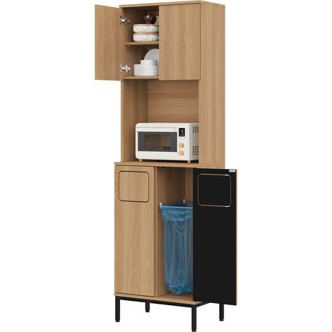 Meuble colonne cuisine gain de place avec niche micro-ondes, espace pour aspirateur robot, rangements hauts et pieds métal noirs, MDF, 53x35x181 cm  CHICFURN (1/5)