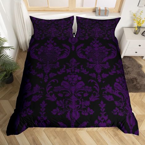 Parure de lit avec housse de couette 135 x 200 cm, style vintage, damassé, gothique, bohème, oriental, pour enfants, garçons et filles, violet et noir (1/5)