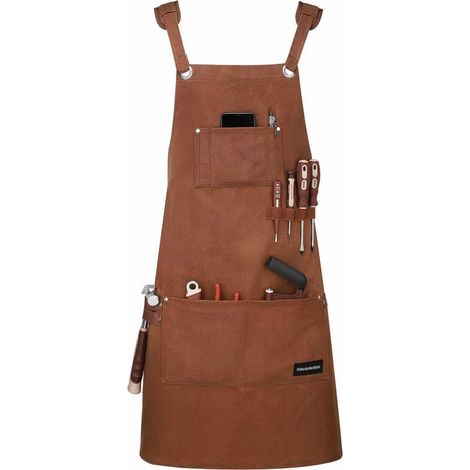 Tablier d'Outils, Tablier de Travail Résistant à l'huile Imperméable Multifonctionnel de Toile Cirée Résistante avec des Poches d'Outil pour la Peinture Artisanat en Bois etc, Marron (1/4)