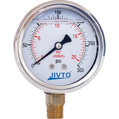 Pressure gauge, glycerin liquid filling, 2-1/2" double diameter, 0-300 psi/bar/kpa, BSPP brass male fitting, bottom mount, stainless steel housing (1/5)