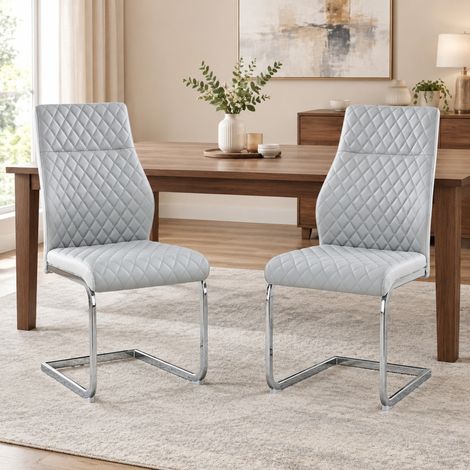 Sillas de comedor lote de 2, respaldo alto, PU gris claro, metal plateado DESVIAE (1/5)