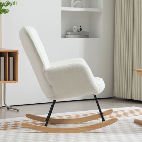 Poltrona a Dondolo con Effetto Bouclé, Braccioli, Sedia Relax con Slitte in Legno, Poliestere Bianco (1/5)