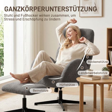 Fauteuil pivotant réglable avec repose-pieds, siège d'appoint ajustable en hauteur, appui-tête modulable, fonction inclinable, gris (1/4)