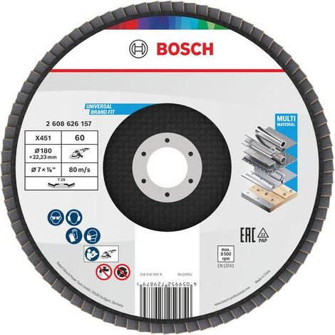 Bosch X451 Fächerschleifscheibe, 180 x 22,23 mm, K60, Z29, 15-tlg