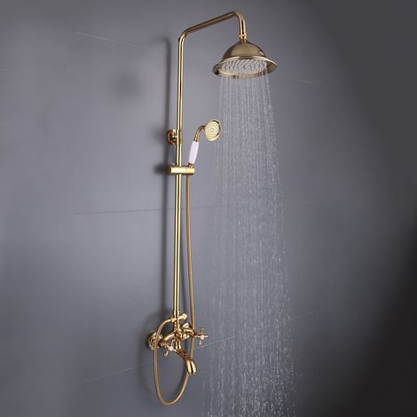 Senderpick – Colonne de douche en laiton plaqué or – Douche de pluie et douchette à main – Valve ergonomique pour commutation facile – Installation rapide