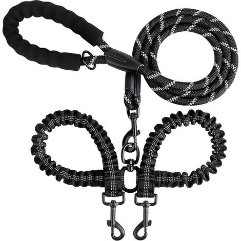 Laisse double pour chien. Laisse double réfléchissante avec poignée confortable, utilisable une ou deux fois. Sangle en nylon extensible. Noire. (1/5)