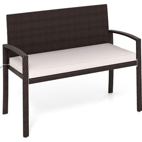 Panca in vimini per 2 persone con cuscino di seduta, sedia da esterno con schienale e braccioli, 110 x 56 x 84 cm, portata 360 kg, Beige (1/5)