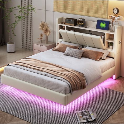 Letto adulti 140x200 cm con presa USB, illuminazione LED e testiera con vani portaoggetti, in lino, senza materasso, beige (1/5)