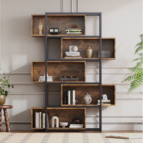 Bibliothèque 5 étagères en MDF et tubes d'acier, 121x35x176 cm, marron et noir OKMYHOME (1/5)