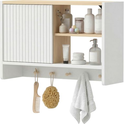 Wandmontierter Badezimmerschrank mit Tür, Regalböden und 5 Haken