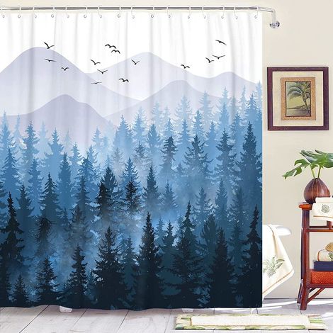 Rideau De Douche - Polyester Imperméable - Motif Forêt Montagne Ombre Bleu Marine Blanc - 72 x 72 Pouces - 1 Pièce (1/5)