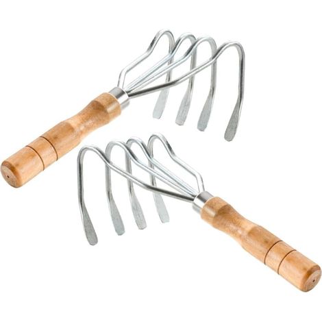 Lntyq Handrechen mit 4 Zinken, Handgrubber mit kurzem Holzgriff, Garten-Handrechen, Werkzeug zum Lösen von Unkraut und Erde, 2 Stück (1/5)
