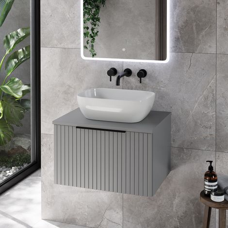 Helix 460 Fluted Pebble Grey 600mm Wall Mounted 1 Drawer Vanity Unit for Countertop Basins
