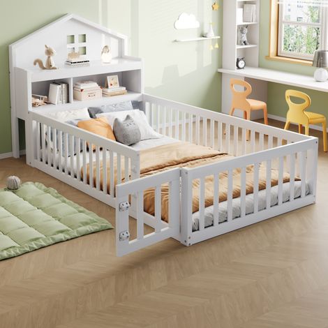 Lit enfant maison 180 x 200 cm en bois blanc avec rangements et barrière de sécurité (1/5)