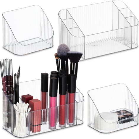 Relaxdays Kosmetik Organizer, 2er Set, Kunststoff, Beauty Organizer für Make Up, Pinsel & Co., Badbehälter, transparent