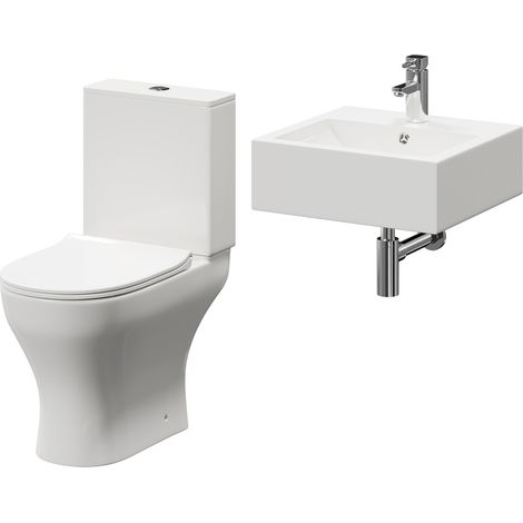 Wholesale Domestic Elvas 470mm Wall Hung Basin and Toilet Suite including Round Polished Chrome Bottle Trap and Open Back Toilet (1/5)
