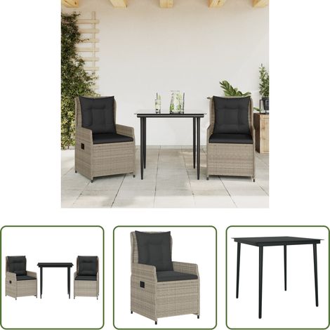 Gartenstuhl - 3-tlg. Garten-Essgruppe mit Kissen Hellgrau Poly Rattan (1/5)