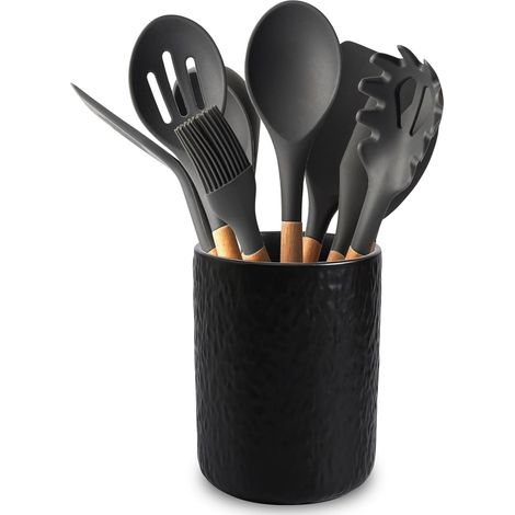 Porte-ustensiles Céramique, 1216 CM Porte-Ustensiles de Cuisine, Rangement Ustensiles Cuisine, Support Ustensiles pour Cuisine Moderne pour Table à Manger Et Barbecue, Noir (1/5)