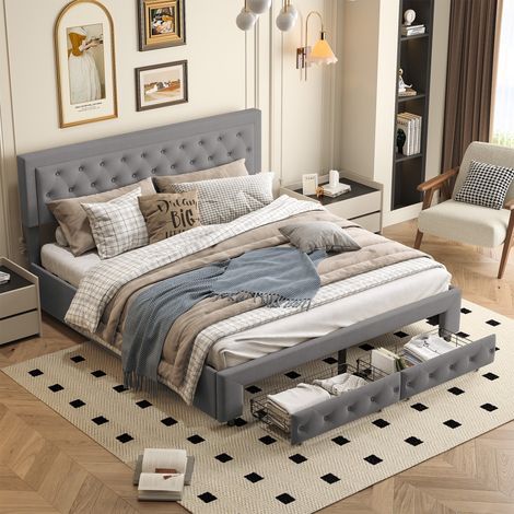 Bett 160 x 200 cm – gepolstertes Kopfteil mit Knöpfen, hydraulisch anhebbarer Stauraum, Doppelbett mit 2 Schubladen, Boxspringbett, Lattenrost, Samtstoff – Grau