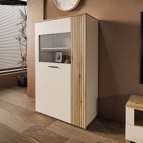 Vetrina Frezo06 con 2 ante con dettaglio a listelli verticali colore cashmere e rovere evoque