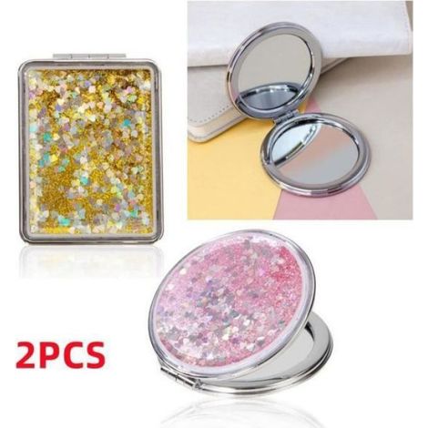 Mini Miroir Pliable - Miroir 1x Et Loupe 2x - Pour Maquillage En Déplacement - Rose Or - 2 Pièces (1/4)
