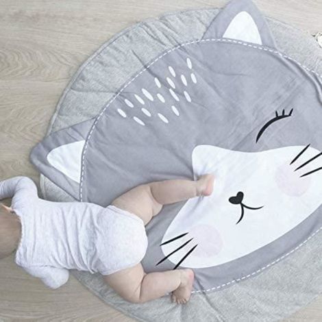 Tapis Pour Ramper Bebe - Coton - Rond - Motifs Chat - 120 cm - Gris (1/4)