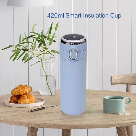 420 ml Edelstahl-Isolierbecher mit doppelwandigem Vakuumdeckel, intelligenter Temperaturanzeige und elegantem blauen Design. (1/5)