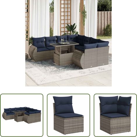 vidaXL Rattan - 9-tlg. Garten-Sofagarnitur mit Kissen Grau Poly Rattan Akazie (1/5)